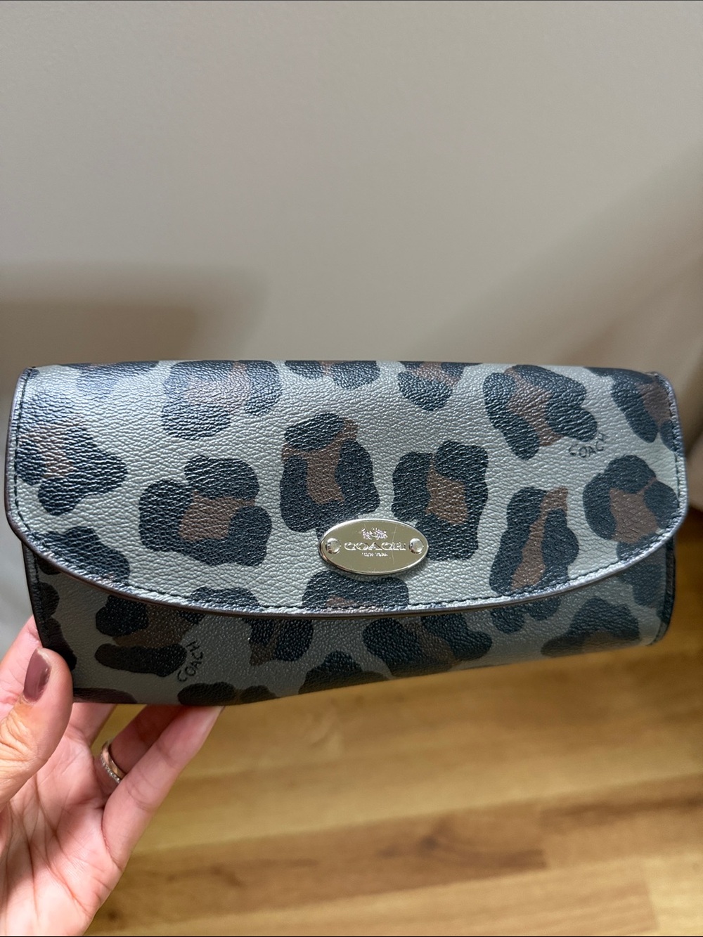 Coach Leopard Print Fold-Over Clutch in Gray and Brown